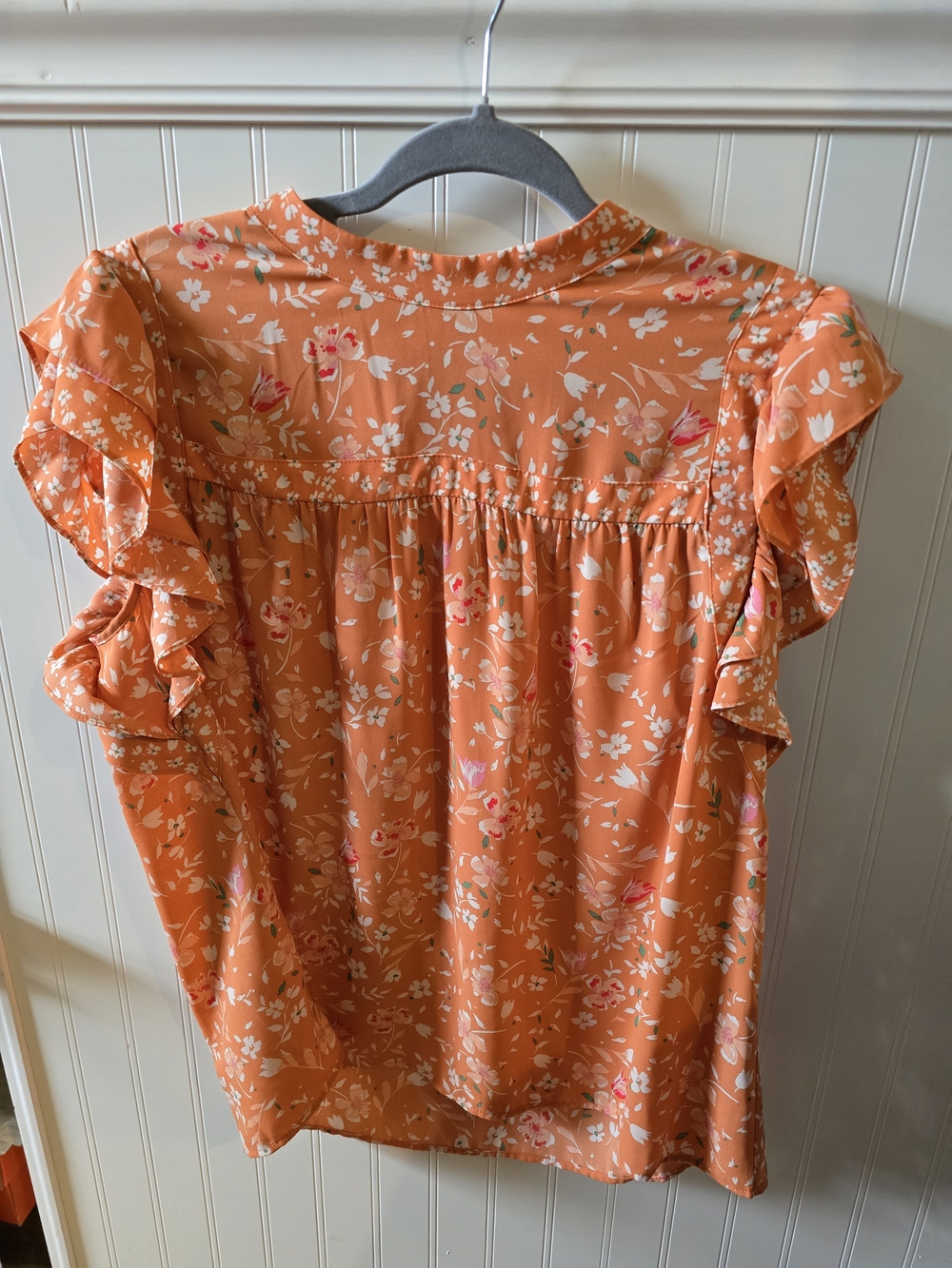 DR2 Orange Floral Ruffle Sleeve Blouse
